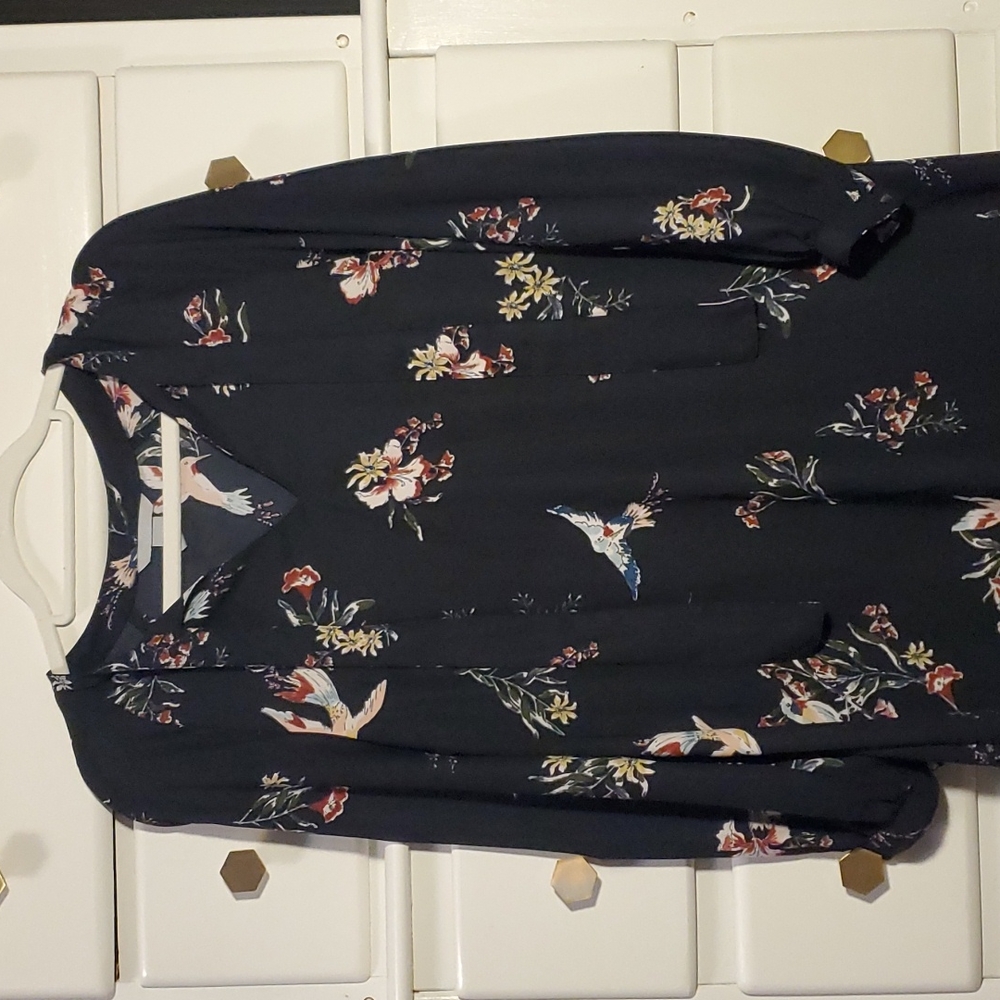 H&M Black Floral Long Sleeve Dress with Birds